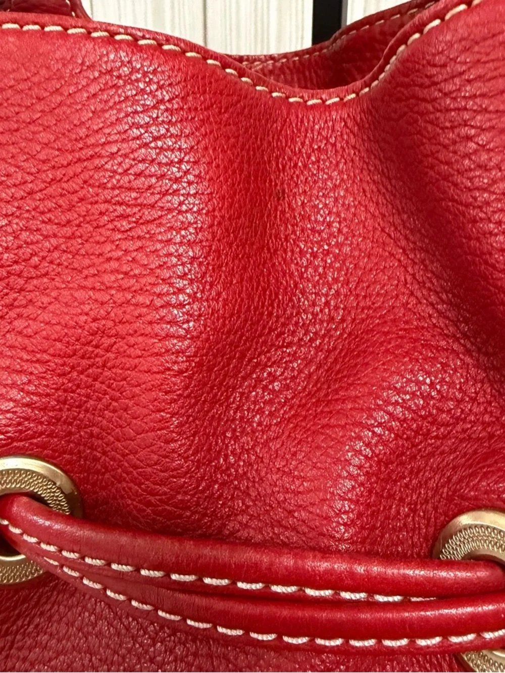 Lancel Red Pebbled Leather Shoulder Bag with Tassel Details